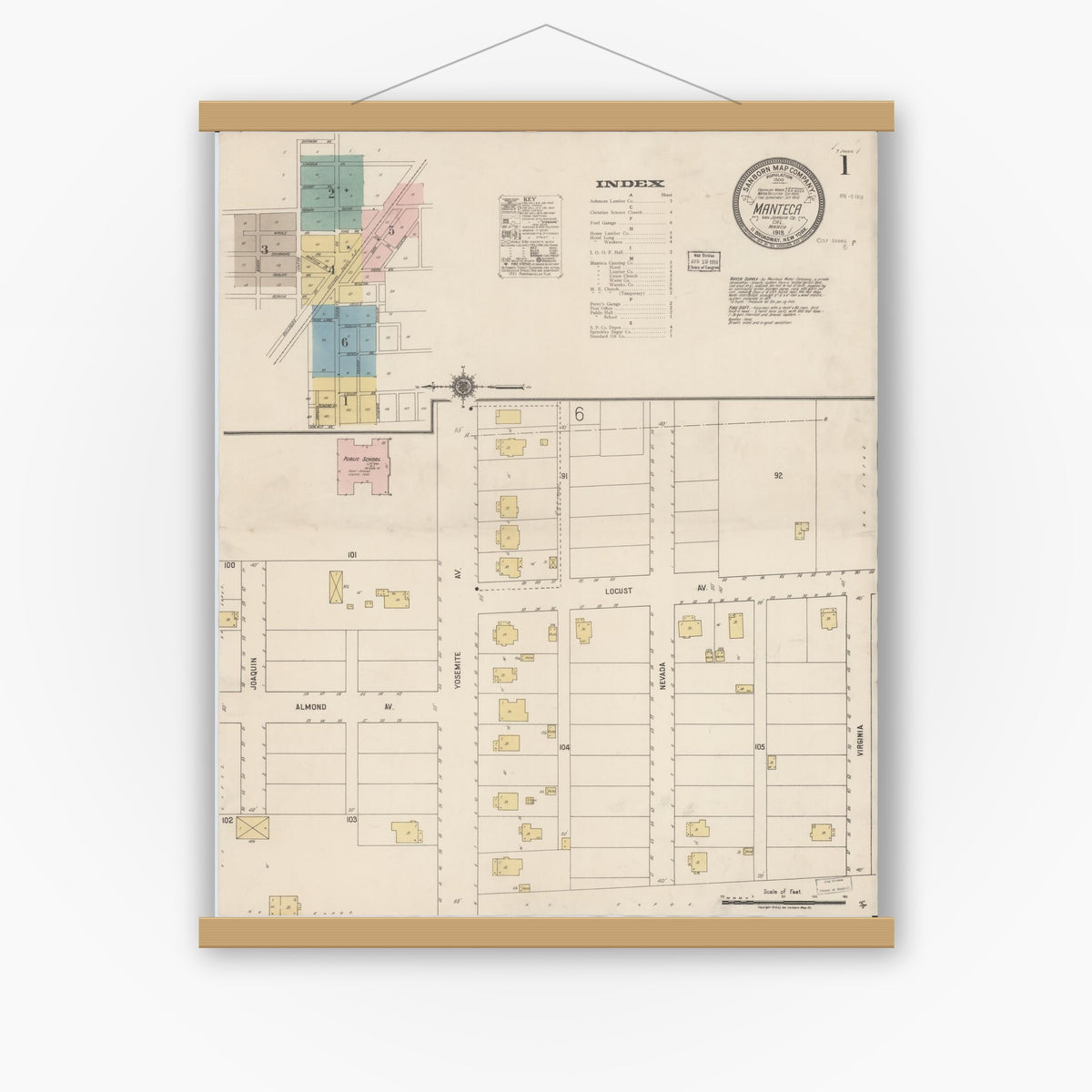 Old map wall art mockup — magnetic wood frame on white wall — Sanborn Fire Insurance Map from Manteca, San Joaquin County, California (1918), Sheet #0001