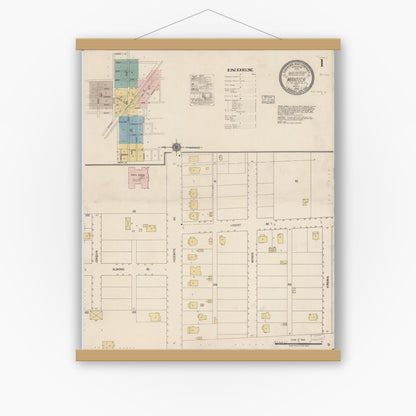 Old map wall art mockup — magnetic wood frame on white wall — Sanborn Fire Insurance Map from Manteca, San Joaquin County, California (1918), Sheet #0001