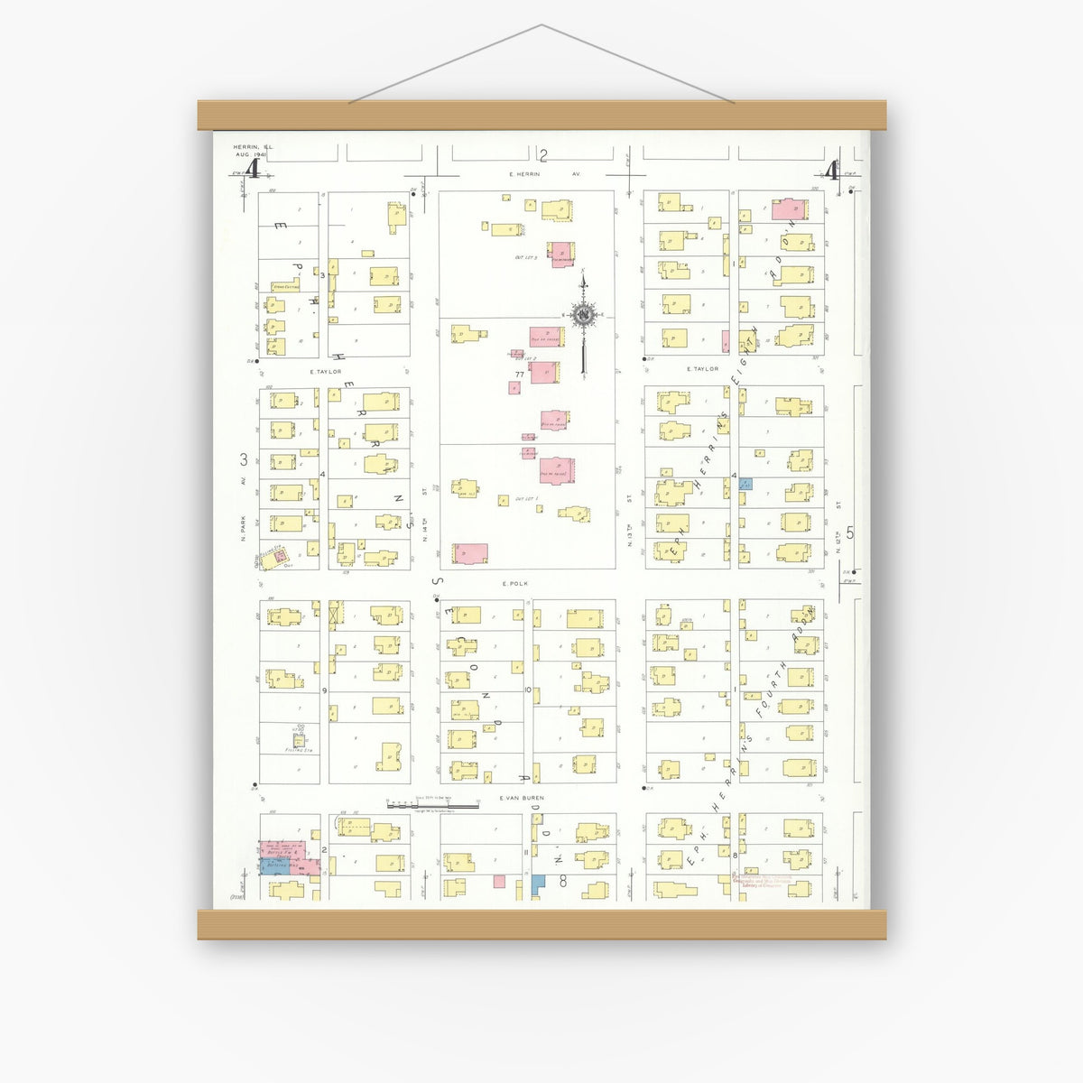 Old map wall art mockup — magnetic wood frame on white wall — Sanborn Fire Insurance Map from Herrin, Williamson County, Illinois (1941), Sheet #0004