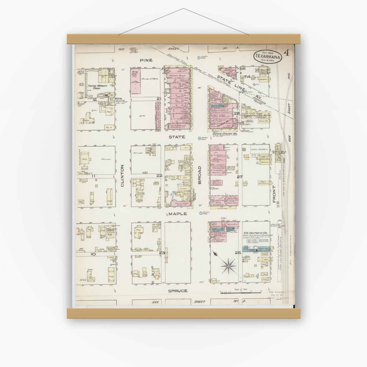 Old map wall art mockup — magnetic wood frame on white wall — Sanborn Fire Insurance Map from Texarkana, Bowie County, Texas (1885), Sheet #0004