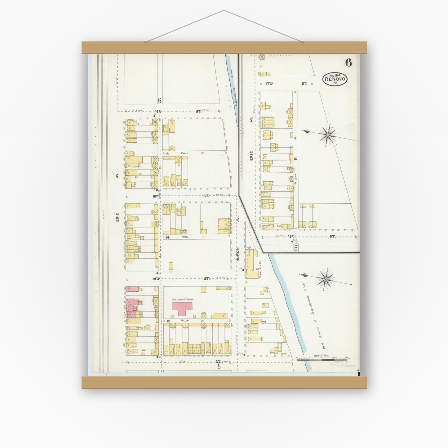Old map wall art mockup — magnetic wood frame on white wall — Sanborn Fire Insurance Map from Renovo, Clinton County, Pennsylvania (1904), Sheet #0006