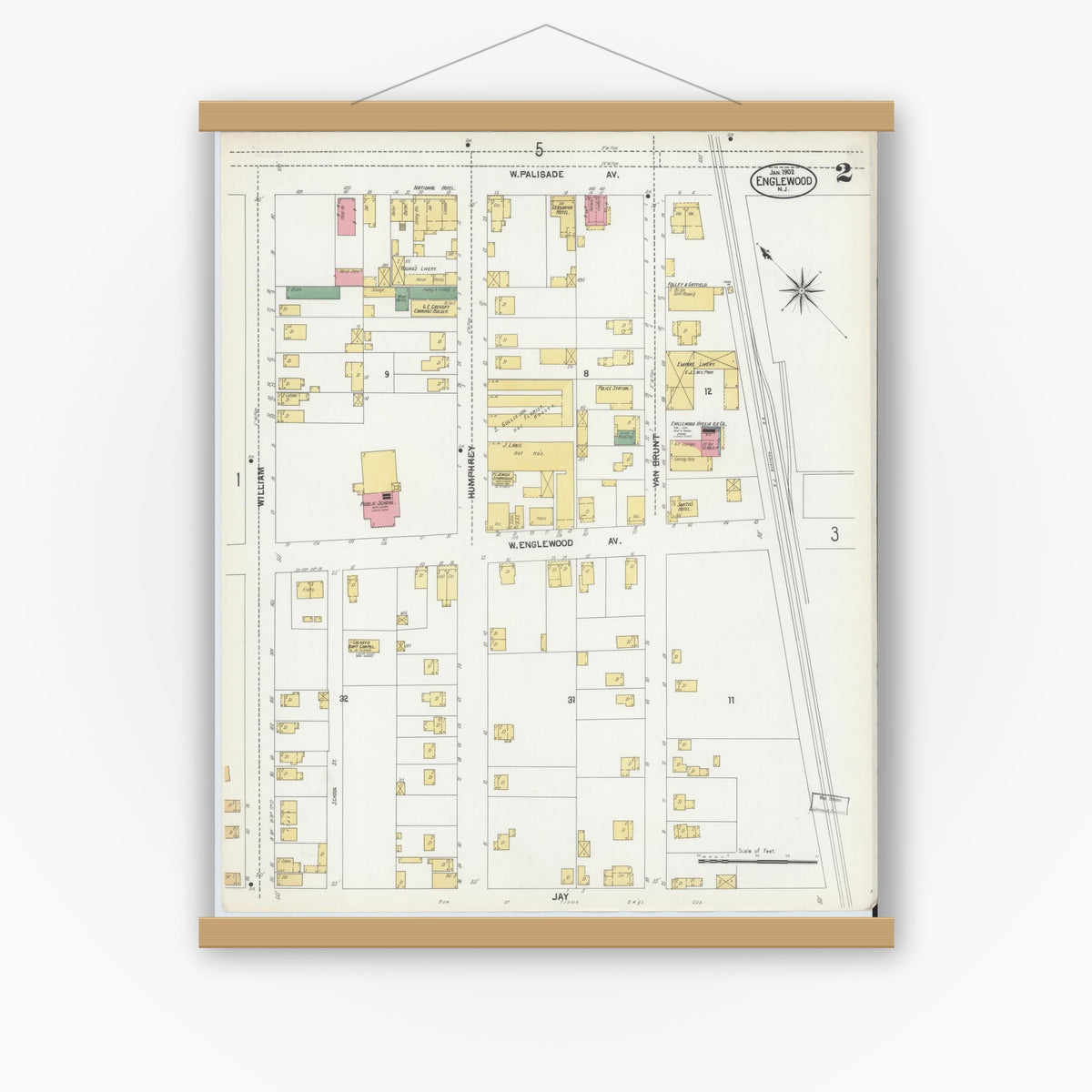 Old map wall art mockup — magnetic wood frame on white wall — Sanborn Fire Insurance Map from Englewood, Bergen County, New Jersey (1902), Sheet #0002