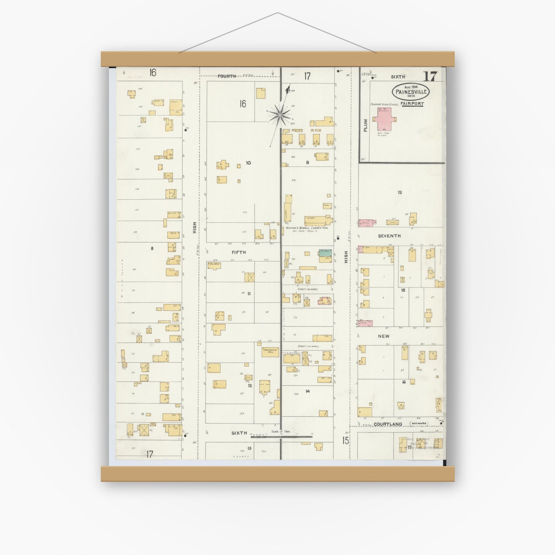 Old map wall art mockup — magnetic wood frame on white wall — Sanborn Fire Insurance Map from Painesville, Lake County, Ohio (1904), Sheet #0017