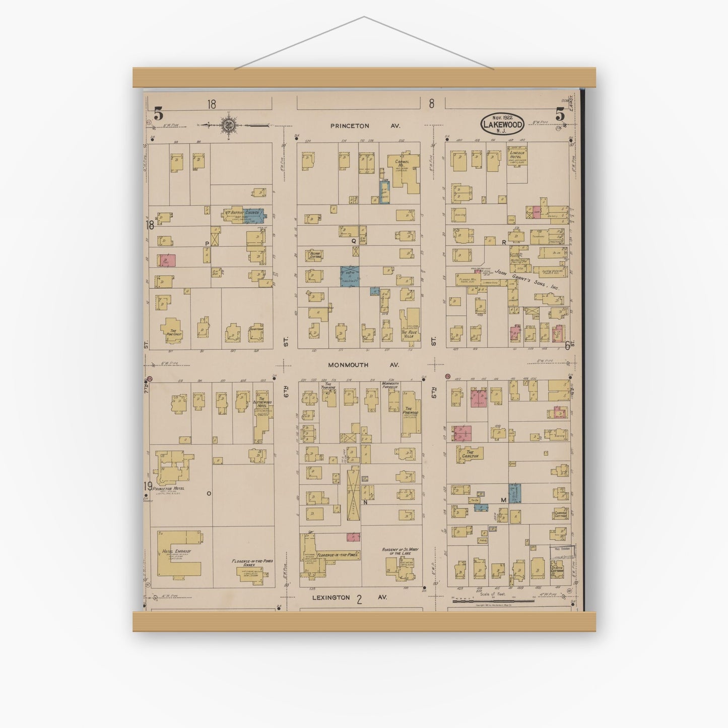 Old map wall art mockup — magnetic wood frame on white wall — Sanborn Fire Insurance Map from Lakewood, Ocean County, New Jersey (1922), Sheet #0005