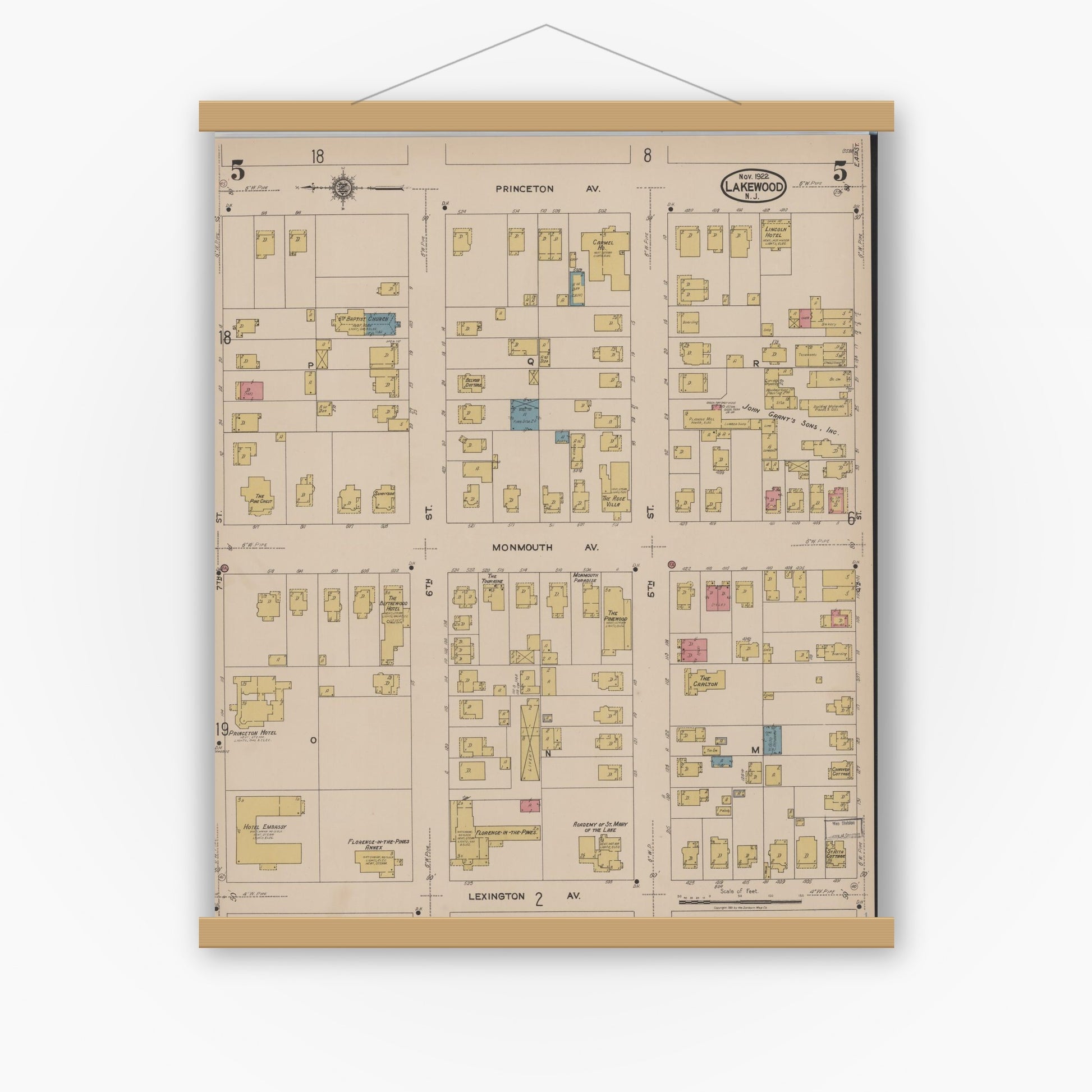 Old map wall art mockup — magnetic wood frame on white wall — Sanborn Fire Insurance Map from Lakewood, Ocean County, New Jersey (1922), Sheet #0005