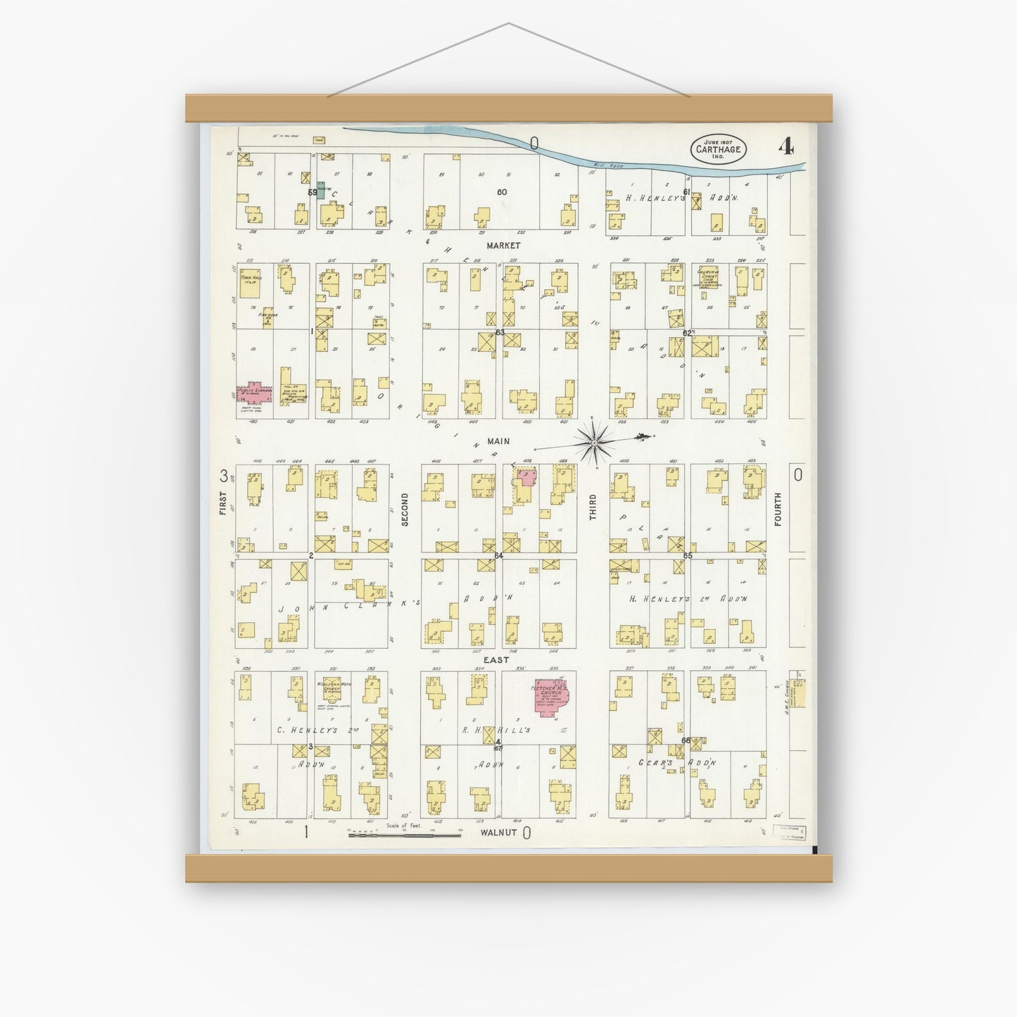 Old map wall art mockup — magnetic wood frame on white wall — Sanborn Fire Insurance Map from Carthage, Rush County, Indiana (1907), Sheet #0004