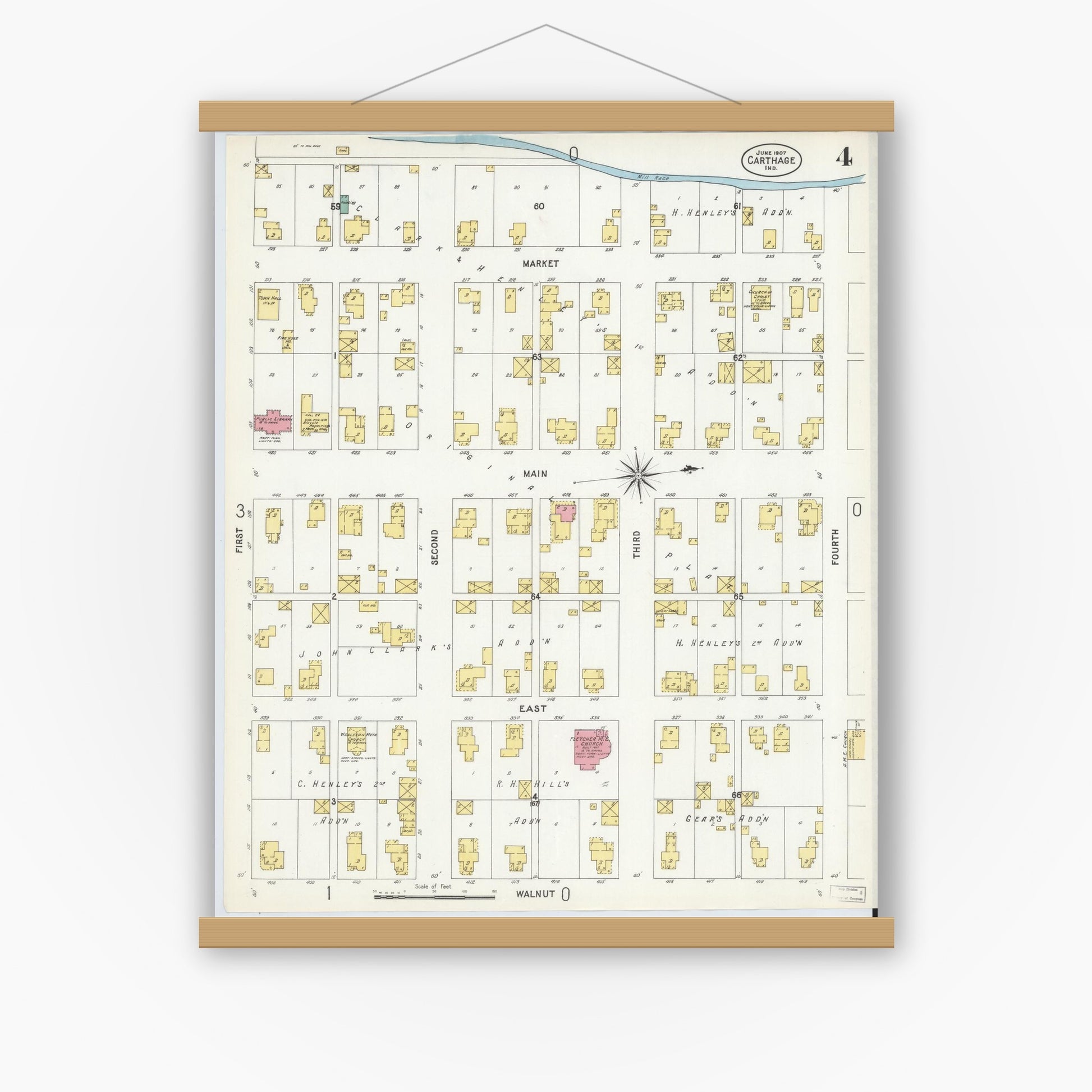 Old map wall art mockup — magnetic wood frame on white wall — Sanborn Fire Insurance Map from Carthage, Rush County, Indiana (1907), Sheet #0004