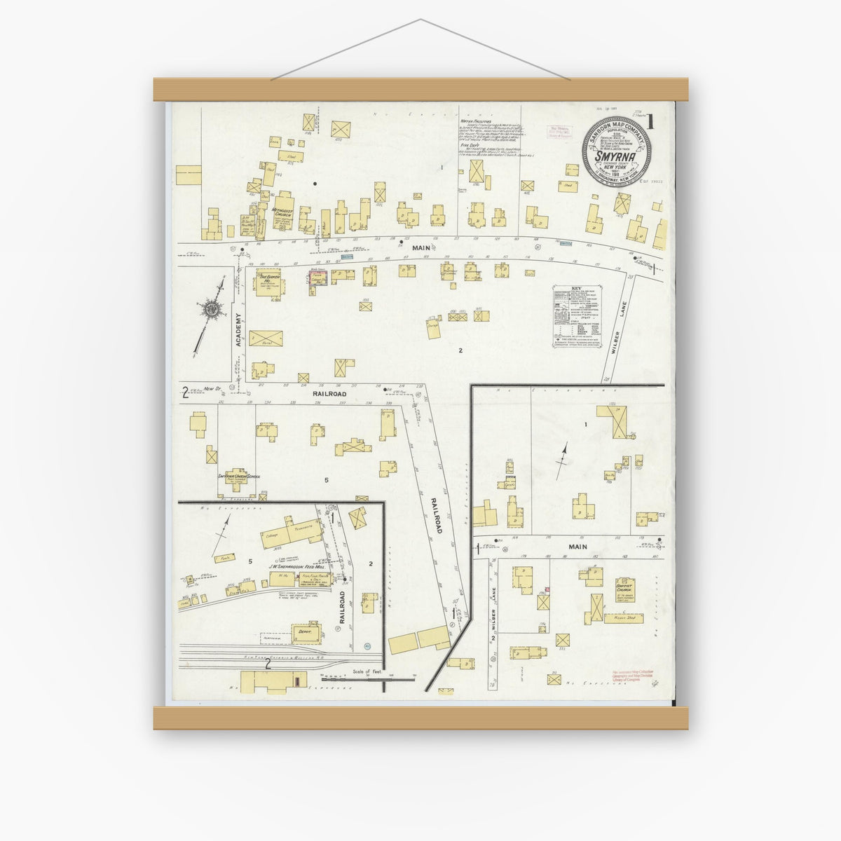 Old map wall art mockup — magnetic wood frame on white wall — Sanborn Fire Insurance Map from Smyrna, Chenango County, New York (1911) - Complete Map Set