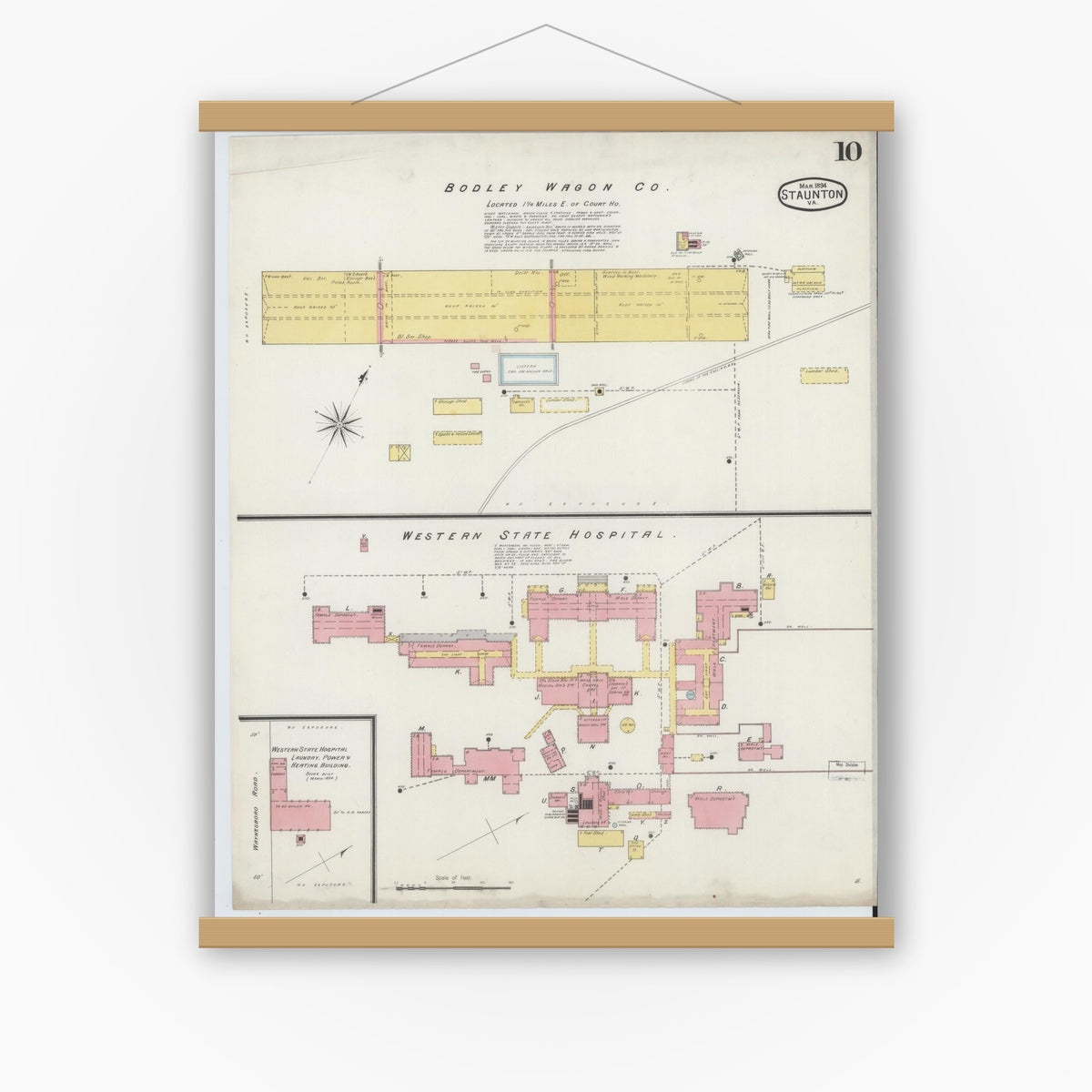 Old map wall art mockup — magnetic wood frame on white wall — Sanborn Fire Insurance Map from Staunton, Independent Cities, Virginia (1894), Sheet #0010