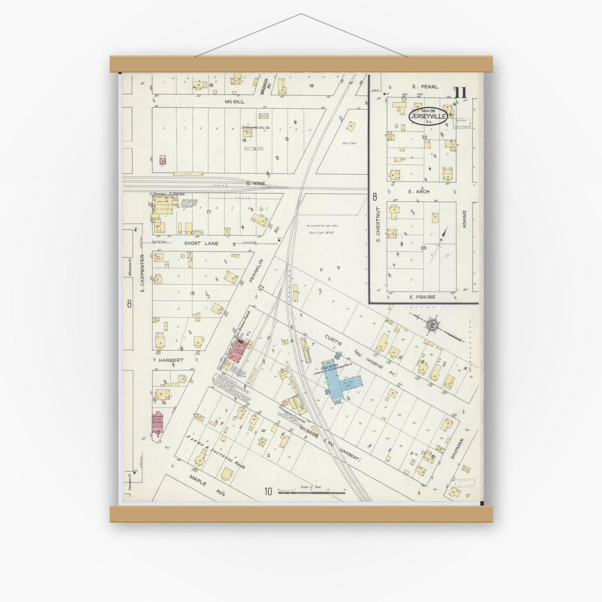 Old map wall art mockup — magnetic wood frame on white wall — Sanborn Fire Insurance Map from Jerseyville, Jersey County, Illinois (1914), Sheet #0011