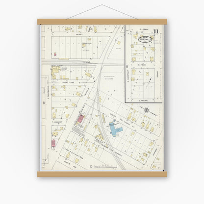 Old map wall art mockup — magnetic wood frame on white wall — Sanborn Fire Insurance Map from Jerseyville, Jersey County, Illinois (1914), Sheet #0011