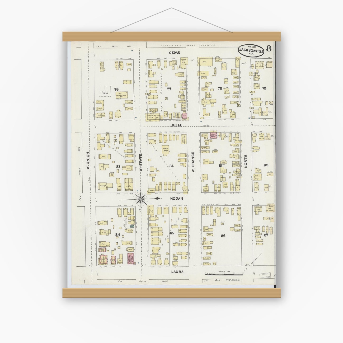 Old map wall art mockup — magnetic wood frame on white wall — Sanborn Fire Insurance Map from Jacksonville, Duval County, Florida (1891), Sheet #0008