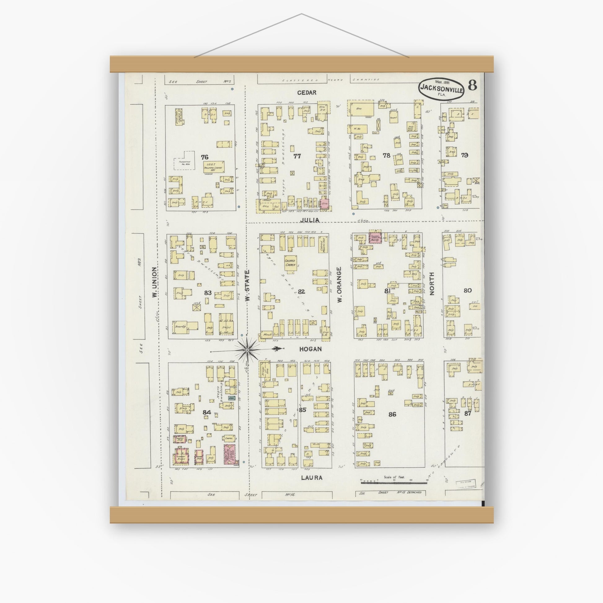Old map wall art mockup — magnetic wood frame on white wall — Sanborn Fire Insurance Map from Jacksonville, Duval County, Florida (1891), Sheet #0008