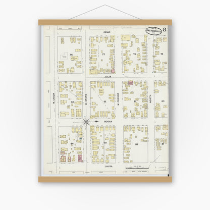 Old map wall art mockup — magnetic wood frame on white wall — Sanborn Fire Insurance Map from Jacksonville, Duval County, Florida (1891), Sheet #0008