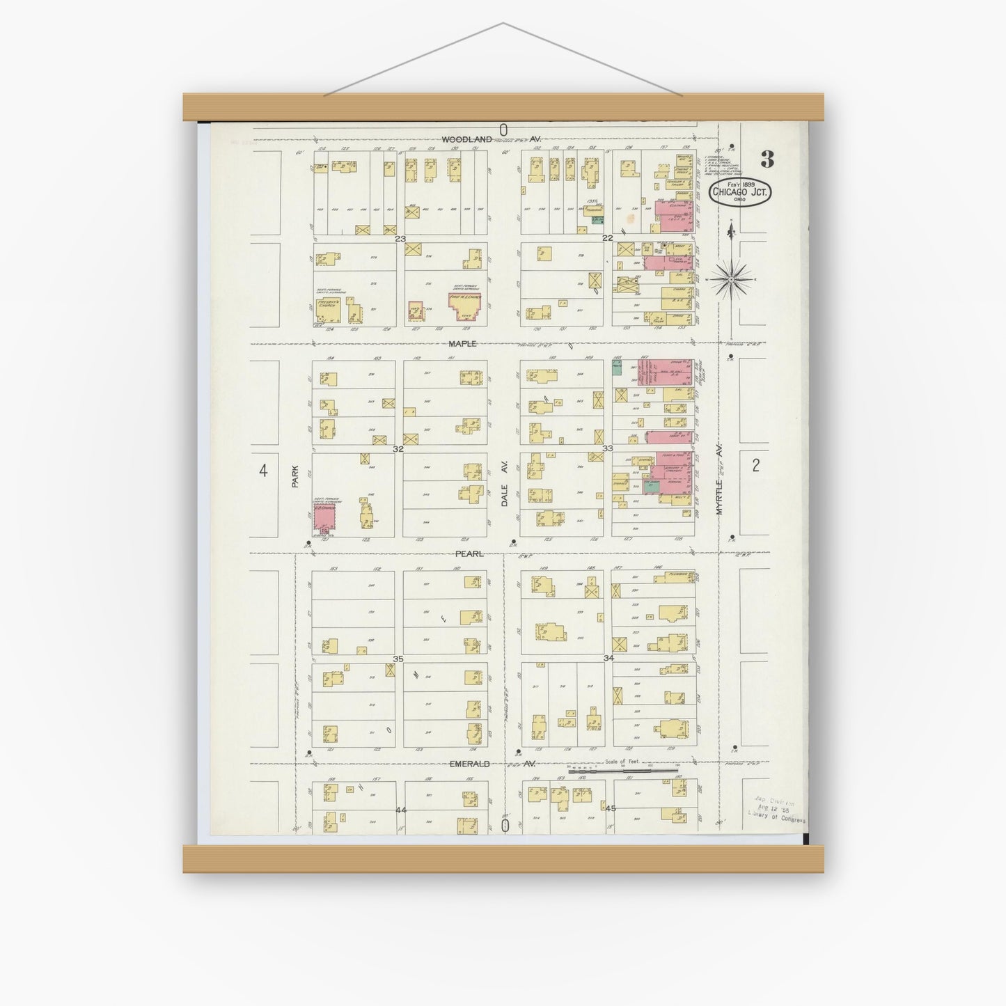 Old map wall art mockup — magnetic wood frame on white wall — Sanborn Fire Insurance Map from Chicago Junction, Huron County, Ohio (1899), Sheet #0003