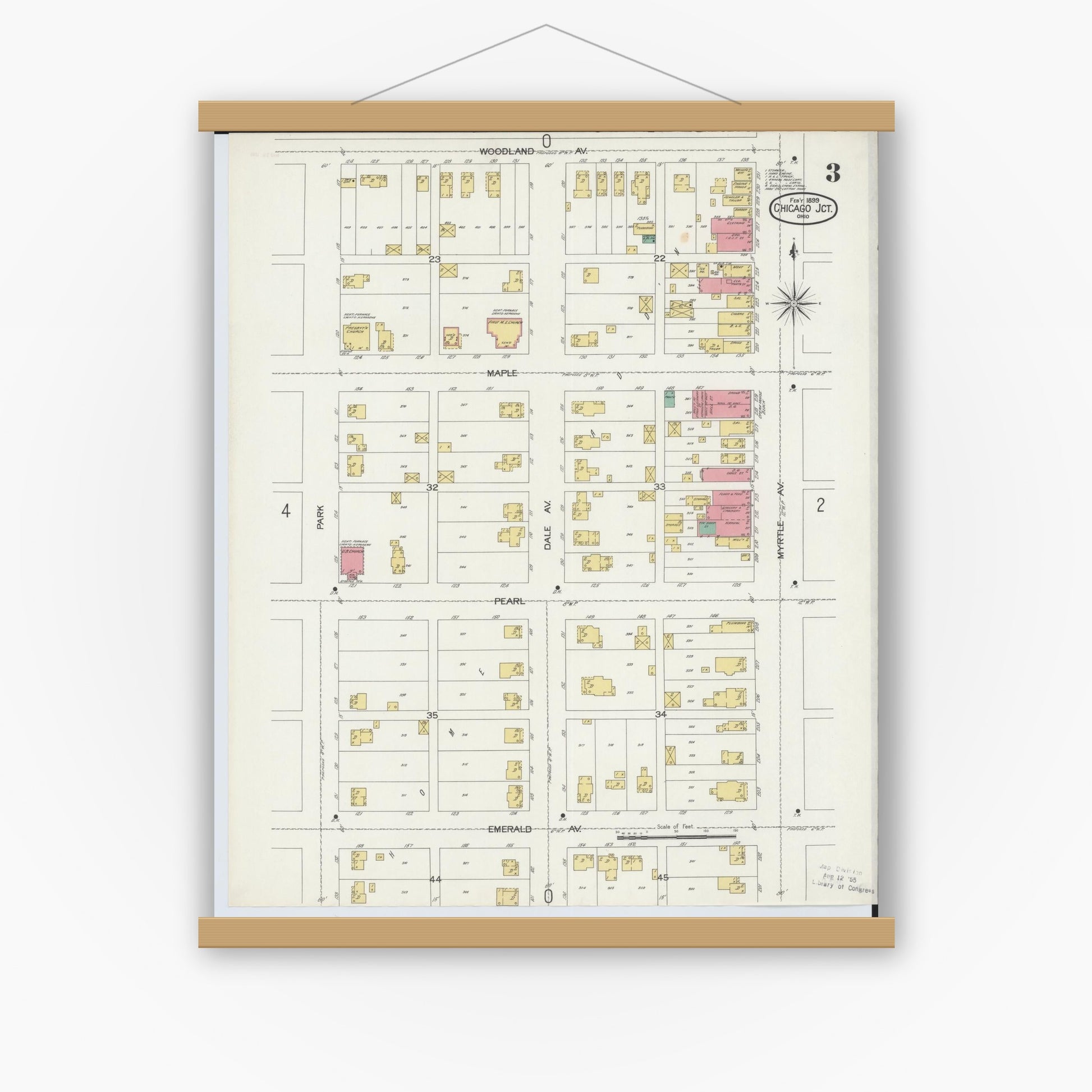 Old map wall art mockup — magnetic wood frame on white wall — Sanborn Fire Insurance Map from Chicago Junction, Huron County, Ohio (1899), Sheet #0003