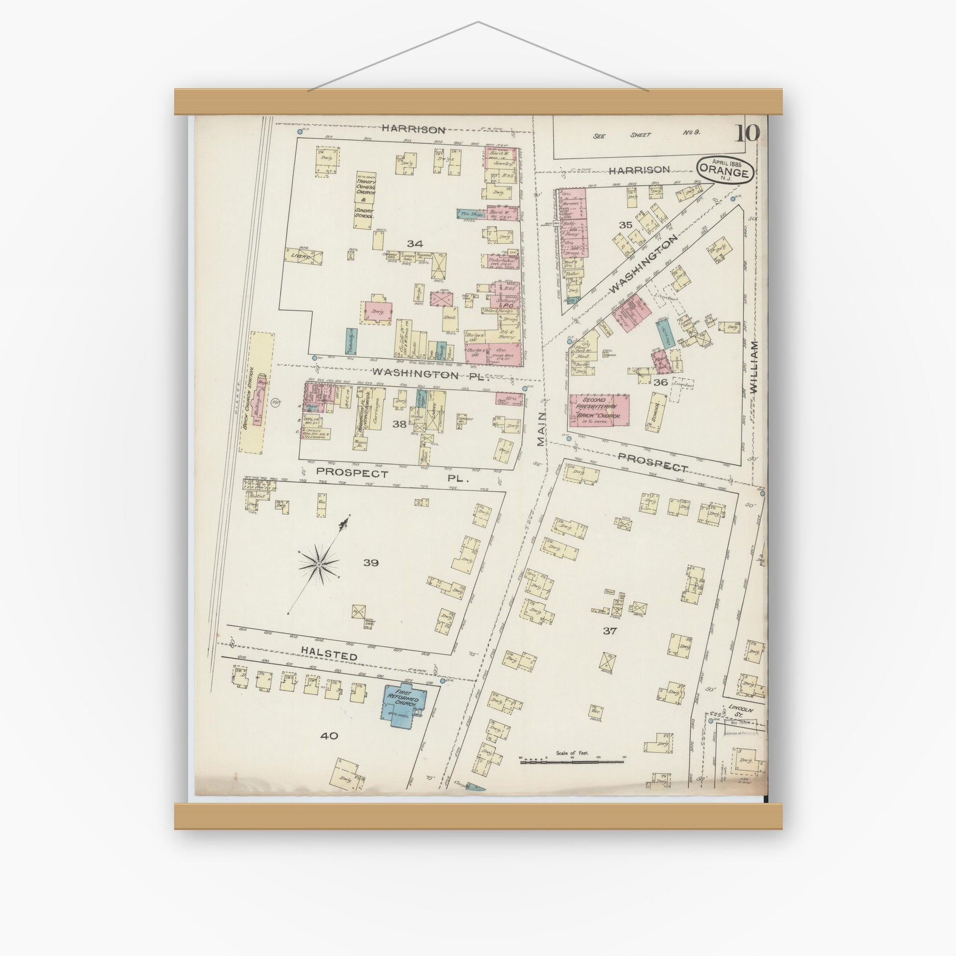 Old map wall art mockup — magnetic wood frame on white wall — Sanborn Fire Insurance Map from Orange, Essex County, New Jersey (1885), Sheet #0010