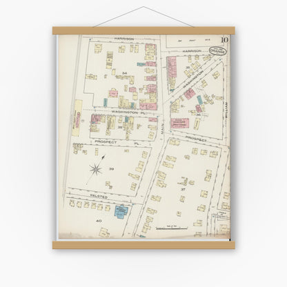Old map wall art mockup — magnetic wood frame on white wall — Sanborn Fire Insurance Map from Orange, Essex County, New Jersey (1885), Sheet #0010