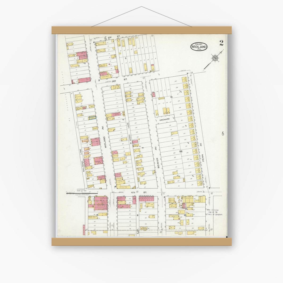 Old map wall art mockup — magnetic wood frame on white wall — Sanborn Fire Insurance Map from Midland, Beaver County, Pennsylvania (1917), Sheet #0002