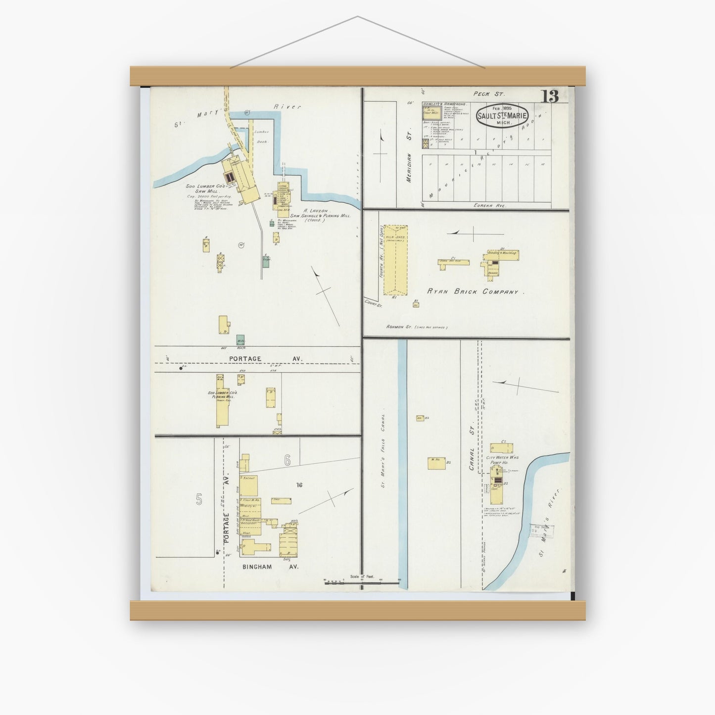 Old map wall art mockup — magnetic wood frame on white wall — Sanborn Fire Insurance Map from Sault Sainte Marie, Chippewa County, Michigan (1895), Sheet #0013
