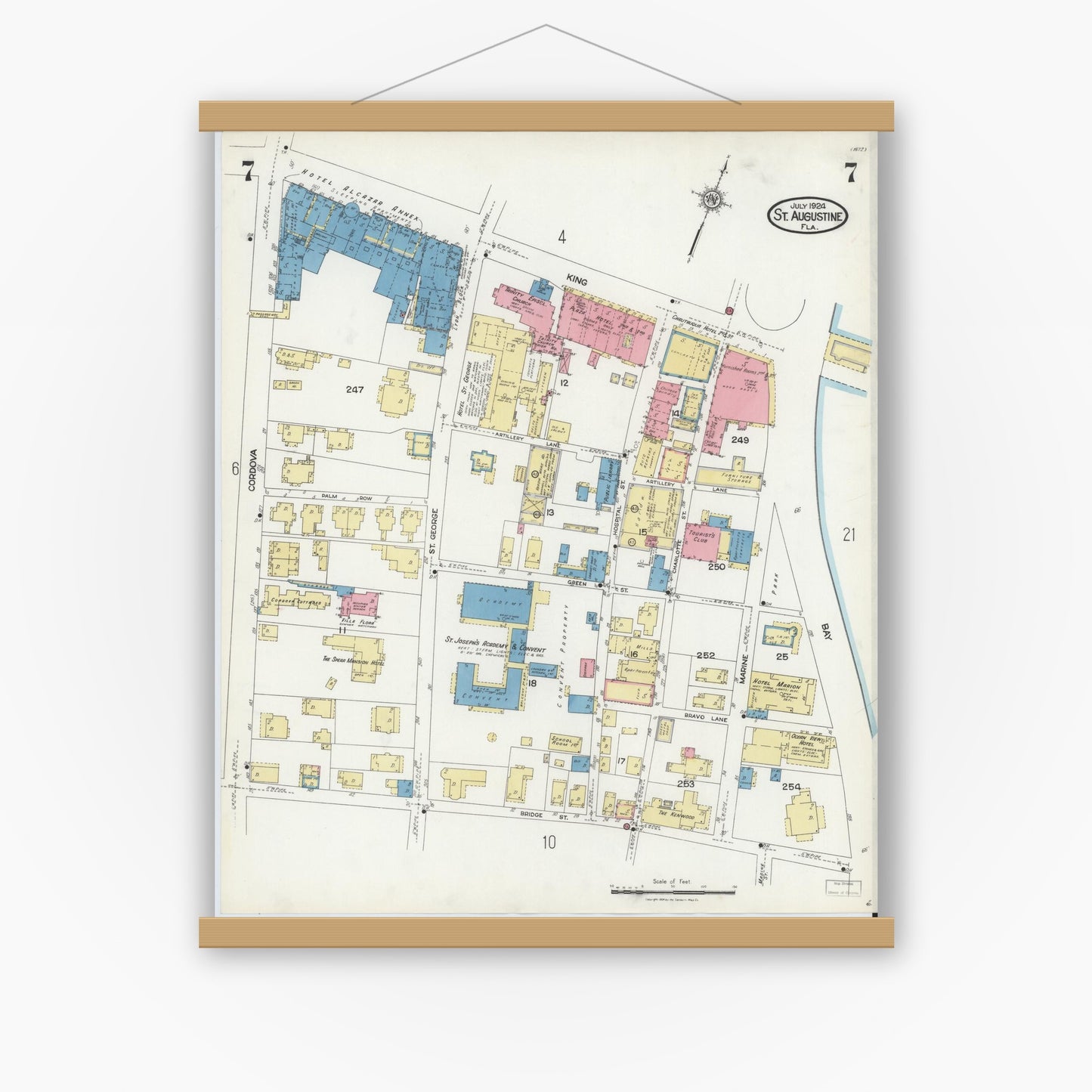 Old map wall art mockup — magnetic wood frame on white wall — Sanborn Fire Insurance Map from Saint Augustine, Saint John's County, Florida (1924), Sheet #0007