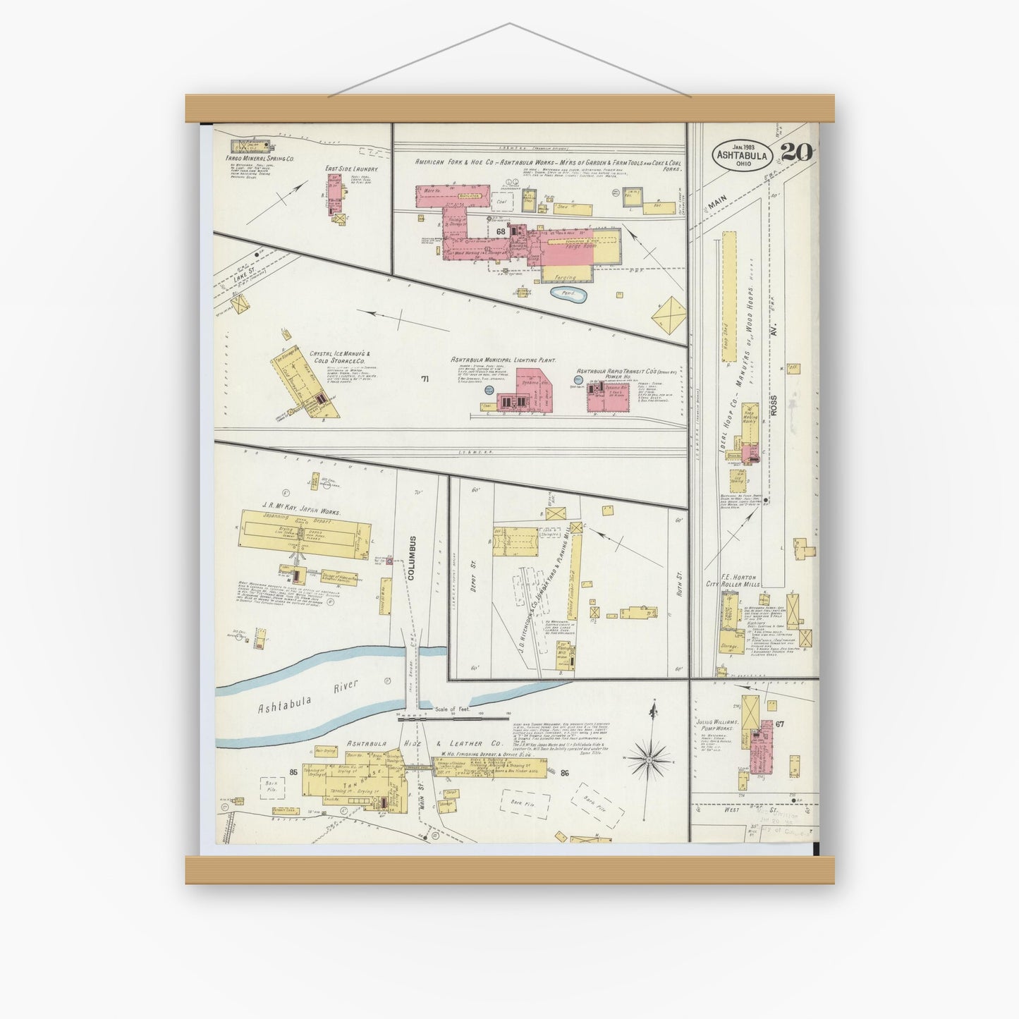 Old map wall art mockup — magnetic wood frame on white wall — Sanborn Fire Insurance Map from Ashtabula, Ashtabula County, Ohio (1903), Sheet #0020