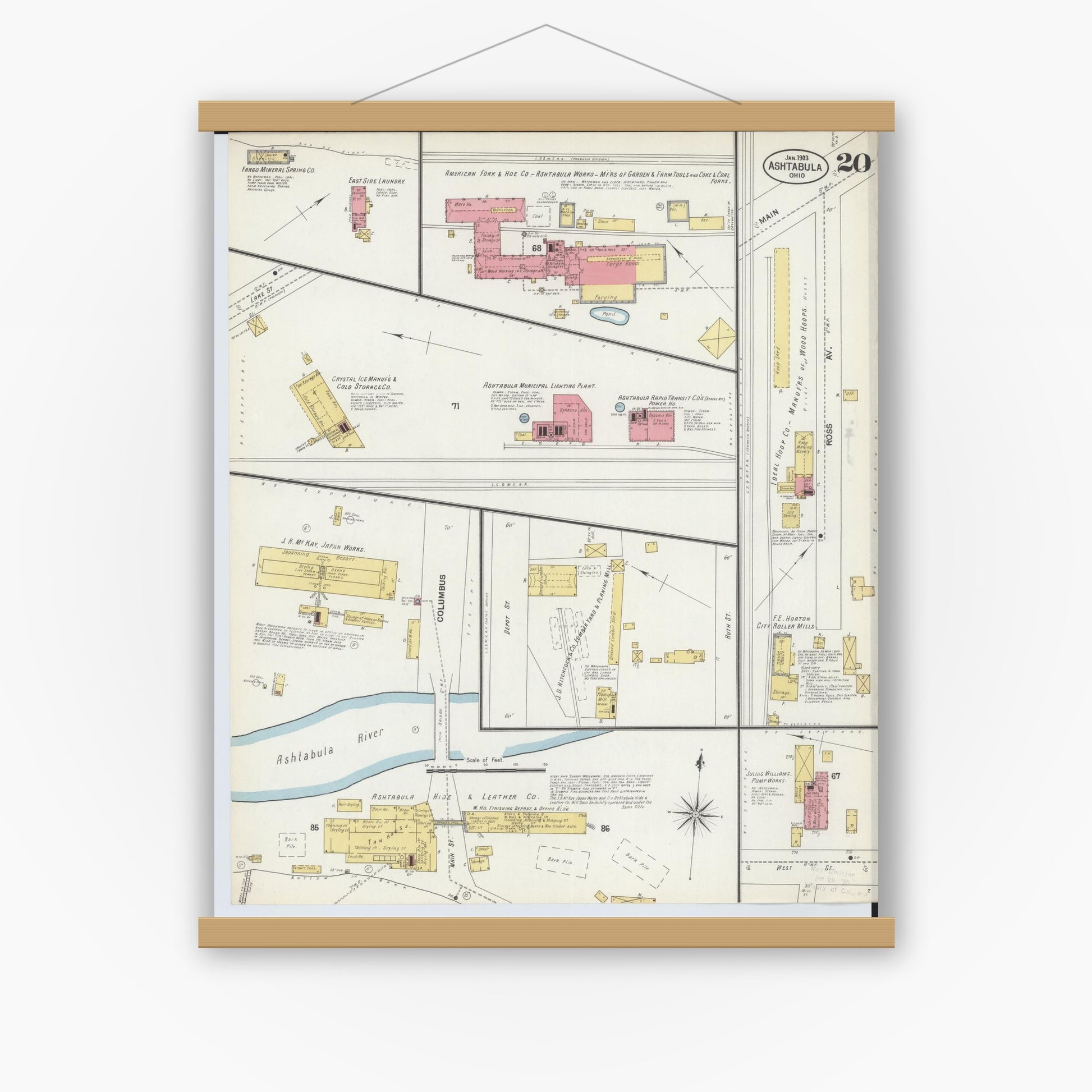 Old map wall art mockup — magnetic wood frame on white wall — Sanborn Fire Insurance Map from Ashtabula, Ashtabula County, Ohio (1903), Sheet #0020