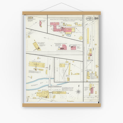 Old map wall art mockup — magnetic wood frame on white wall — Sanborn Fire Insurance Map from Ashtabula, Ashtabula County, Ohio (1903), Sheet #0020