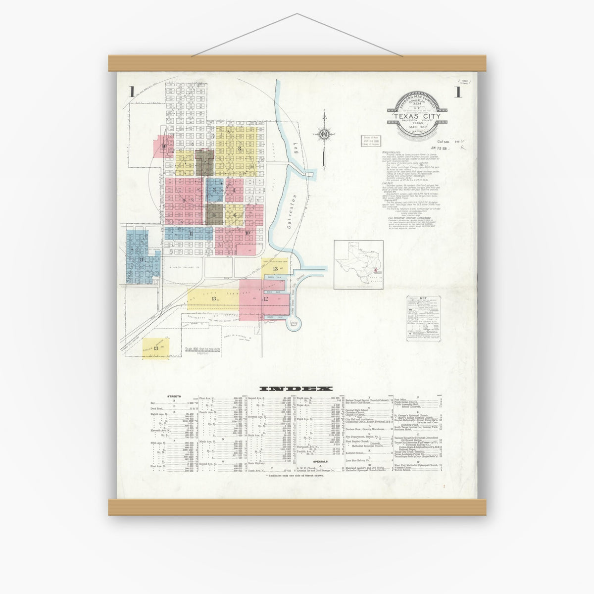 Old map wall art mockup — magnetic wood frame on white wall — Sanborn Fire Insurance Map from Texas City, Galveston County, Texas (1931), Sheet #0001