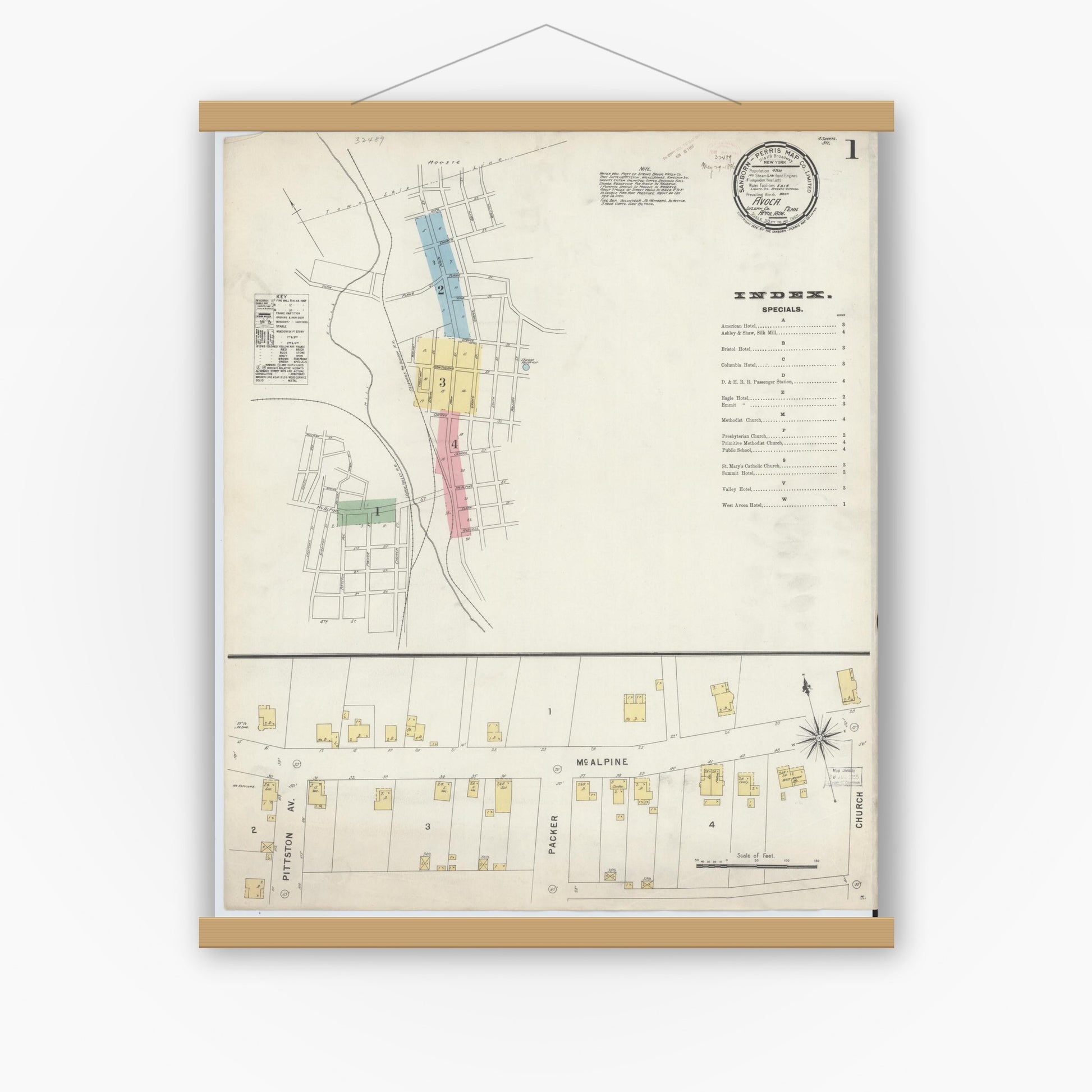 Old map wall art mockup — magnetic wood frame on white wall — Sanborn Fire Insurance Map from Avoca, Luzerne County, Pennsylvania (1896) - Complete Map Set