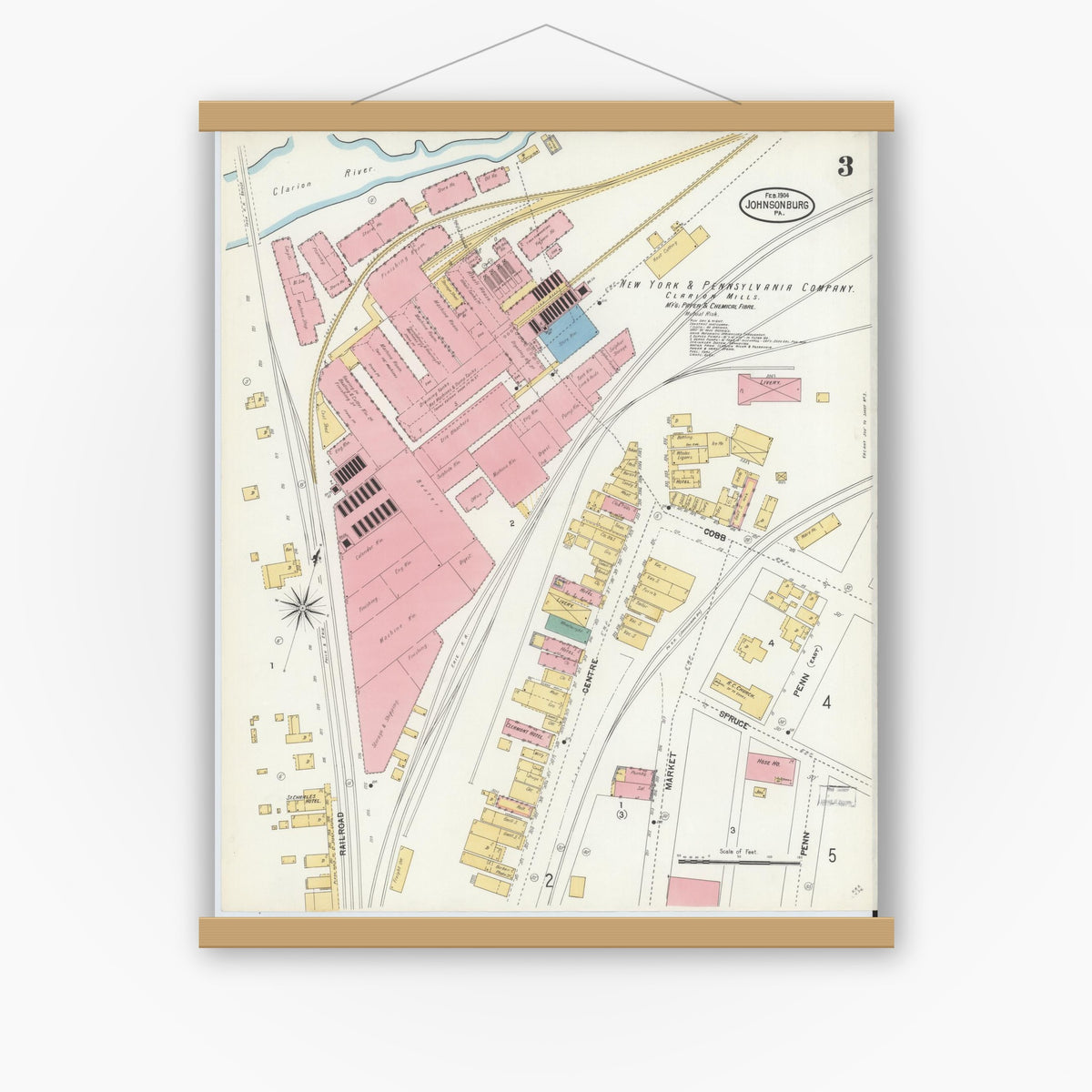 Old map wall art mockup — magnetic wood frame on white wall — Sanborn Fire Insurance Map from Johnsonburg, Elk County, Pennsylvania (1904), Sheet #0003