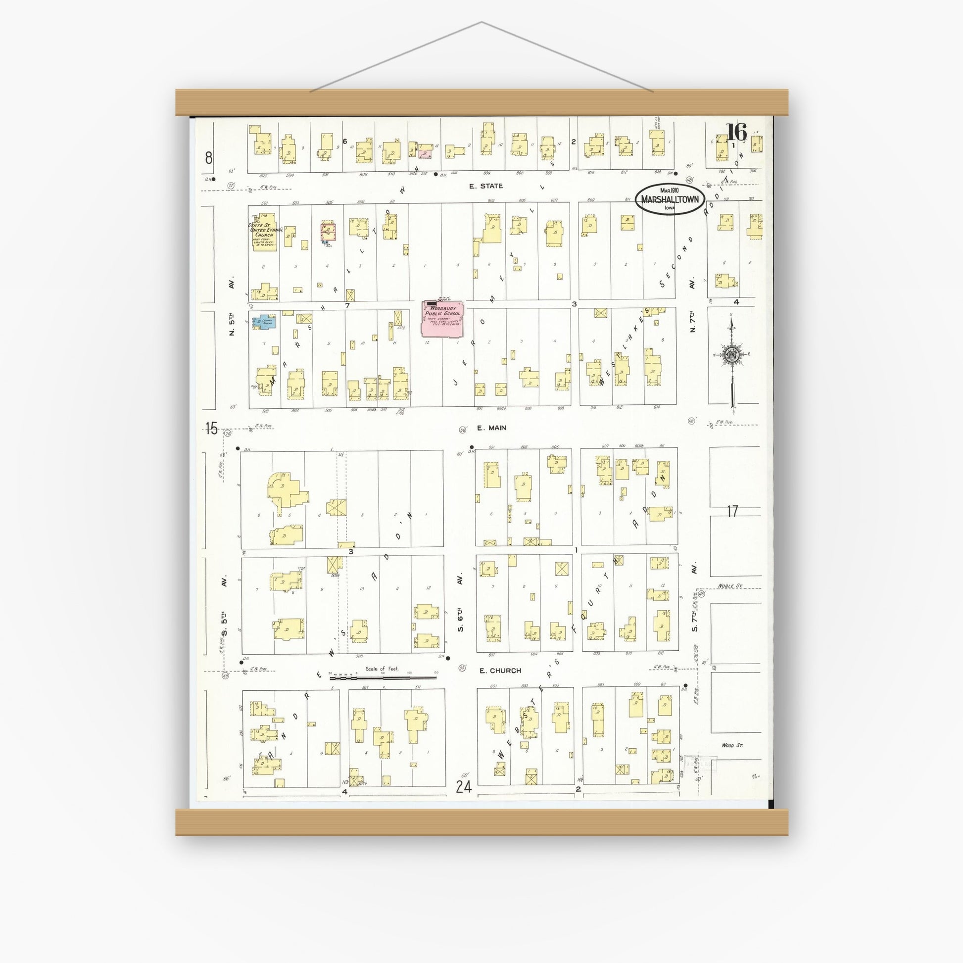 Old map wall art mockup — magnetic wood frame on white wall — Sanborn Fire Insurance Map from Marshalltown, Marshall County, Iowa (1910), Sheet #0016