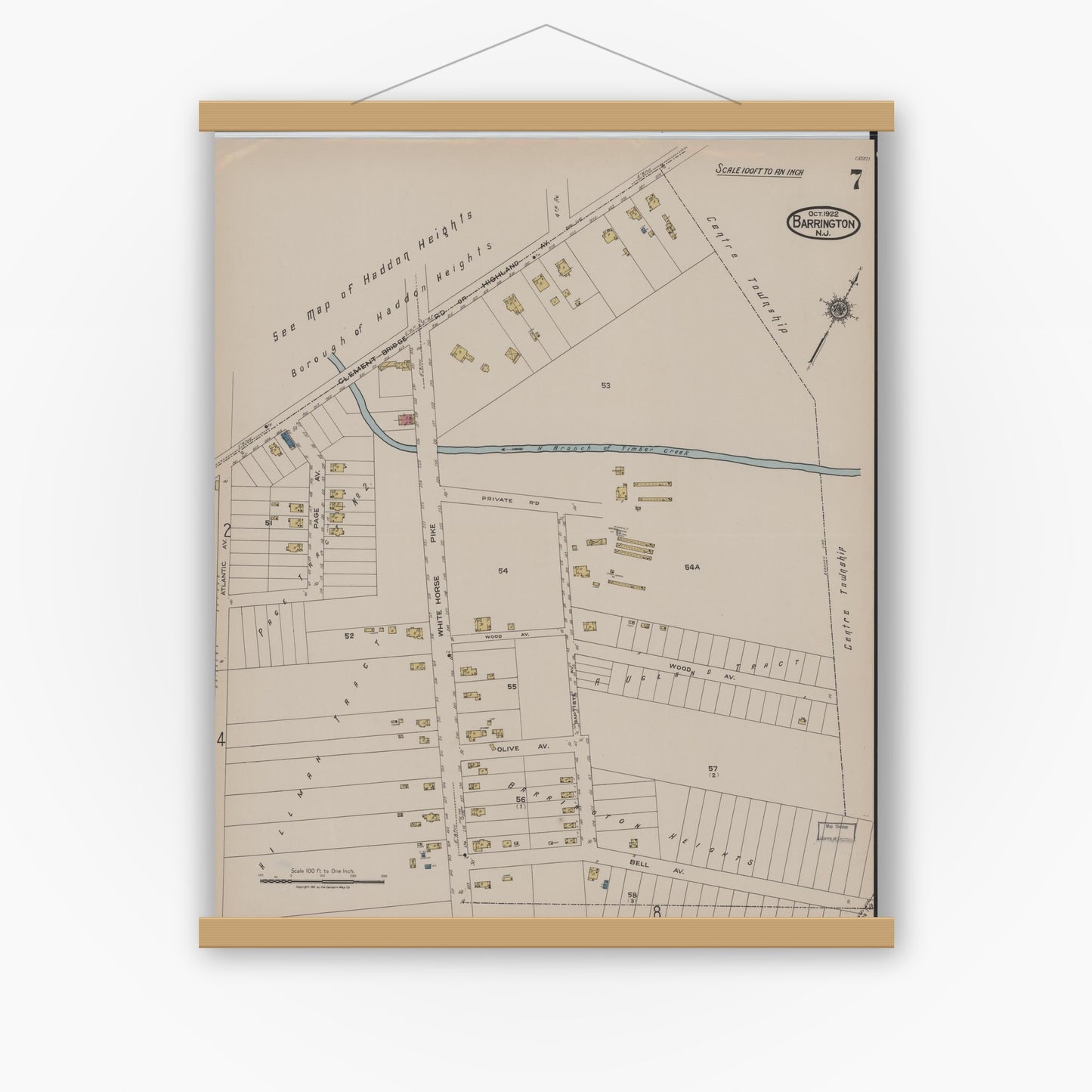 Old map wall art mockup — magnetic wood frame on white wall — Sanborn Fire Insurance Map from Barrington, Camden County, New Jersey (1922), Sheet #0007