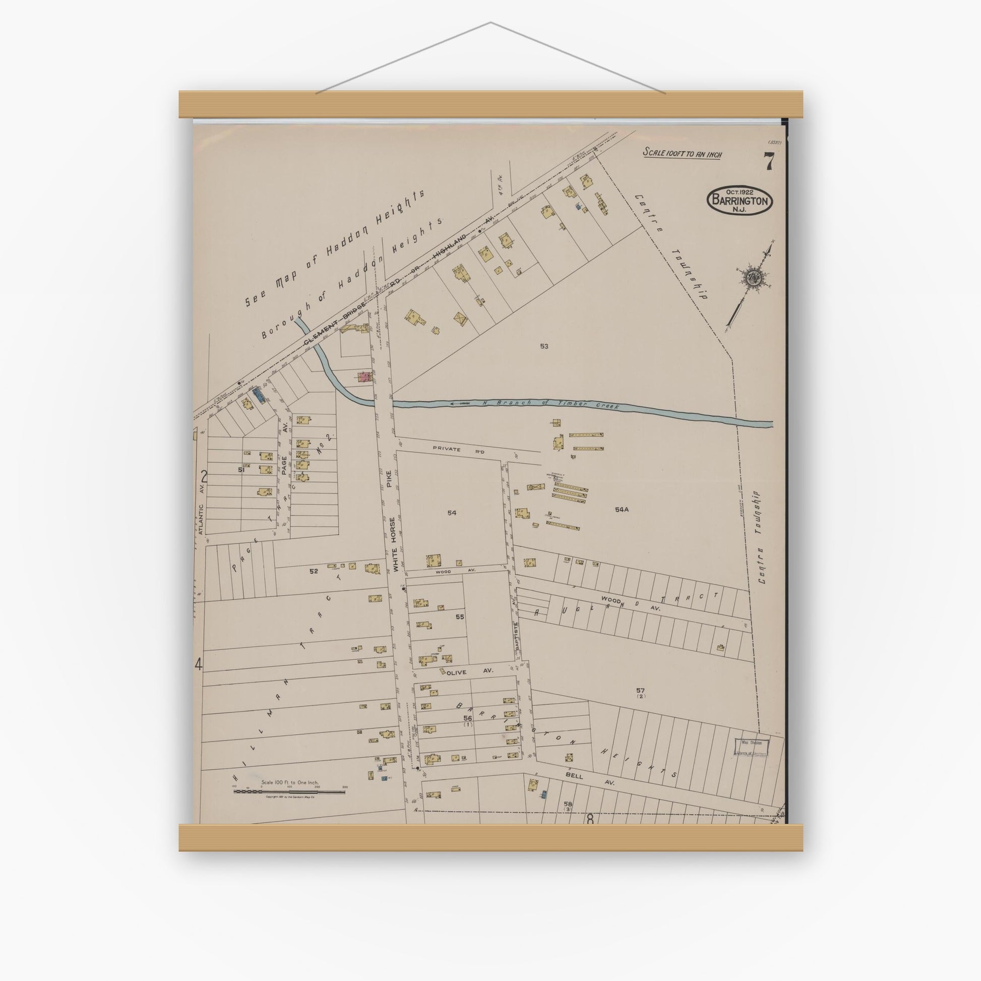 Old map wall art mockup — magnetic wood frame on white wall — Sanborn Fire Insurance Map from Barrington, Camden County, New Jersey (1922), Sheet #0007