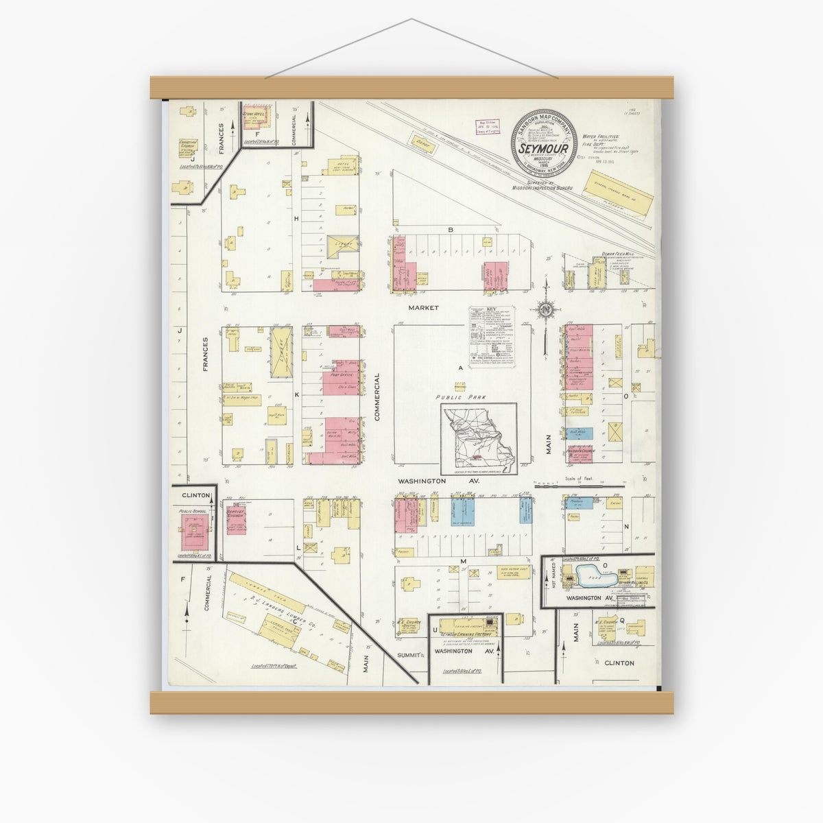 Old map wall art mockup — magnetic wood frame on white wall — Sanborn Fire Insurance Map from Seymour, Webster County, Missouri (1916), Sheet #0001