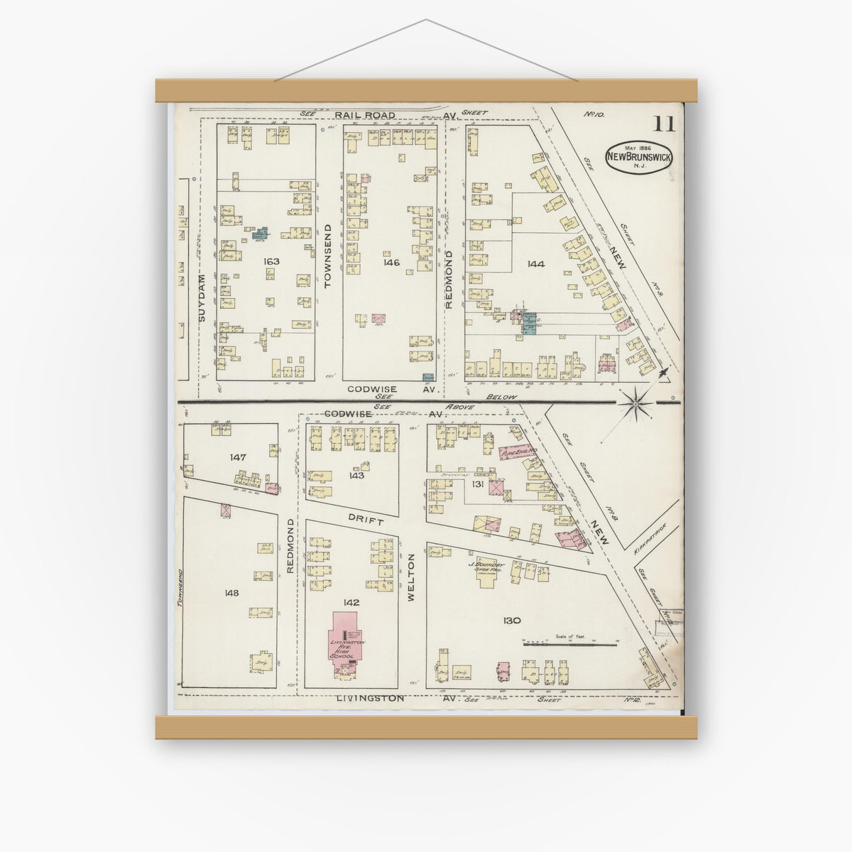Old map wall art mockup — magnetic wood frame on white wall — Sanborn Fire Insurance Map from New Brunswick, Middlesex County, New Jersey (1886), Sheet #0011