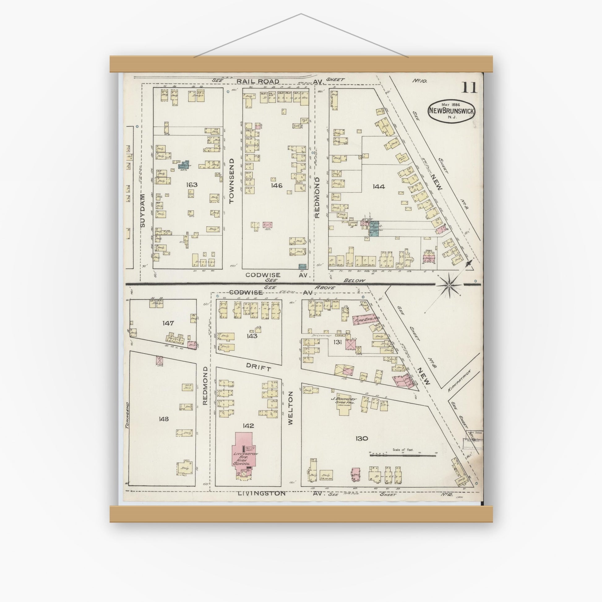 Old map wall art mockup — magnetic wood frame on white wall — Sanborn Fire Insurance Map from New Brunswick, Middlesex County, New Jersey (1886), Sheet #0011