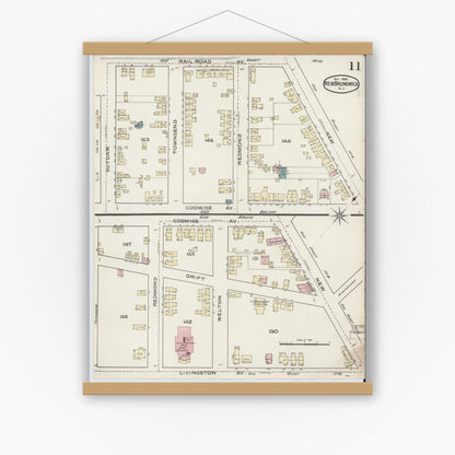 Old map wall art mockup — magnetic wood frame on white wall — Sanborn Fire Insurance Map from New Brunswick, Middlesex County, New Jersey (1886), Sheet #0011