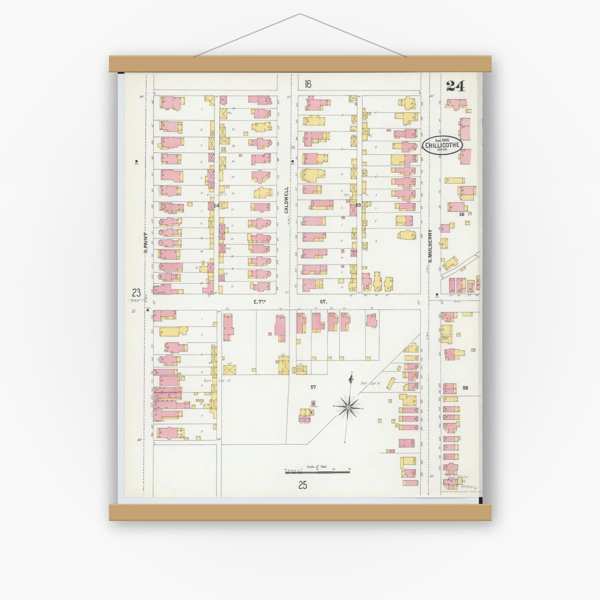 Old map wall art mockup — magnetic wood frame on white wall — Sanborn Fire Insurance Map from Chillicothe, Ross County, Ohio (1900), Sheet #0024