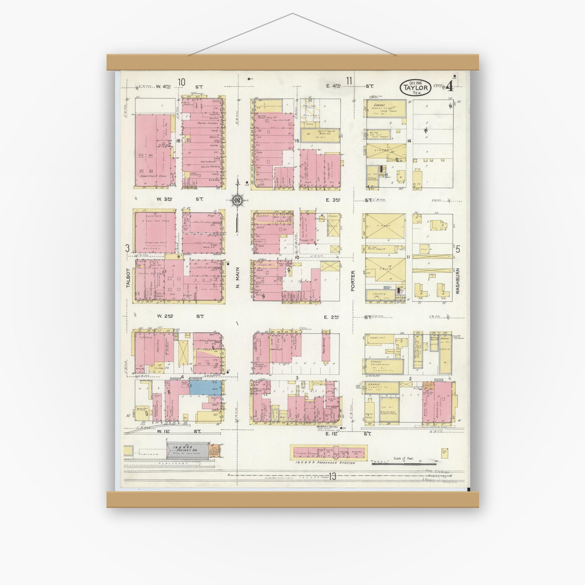 Old map wall art mockup — magnetic wood frame on white wall — Sanborn Fire Insurance Map from Taylor, Williamson County, Texas (1916), Sheet #0004