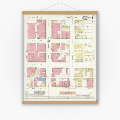 Old map wall art mockup — magnetic wood frame on white wall — Sanborn Fire Insurance Map from Taylor, Williamson County, Texas (1916), Sheet #0004