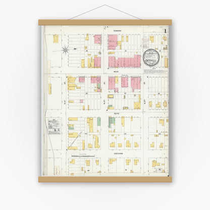 Old map wall art mockup — magnetic wood frame on white wall — Sanborn Fire Insurance Map from Smithville, Bastrop County, Texas (1900), Sheet #0001