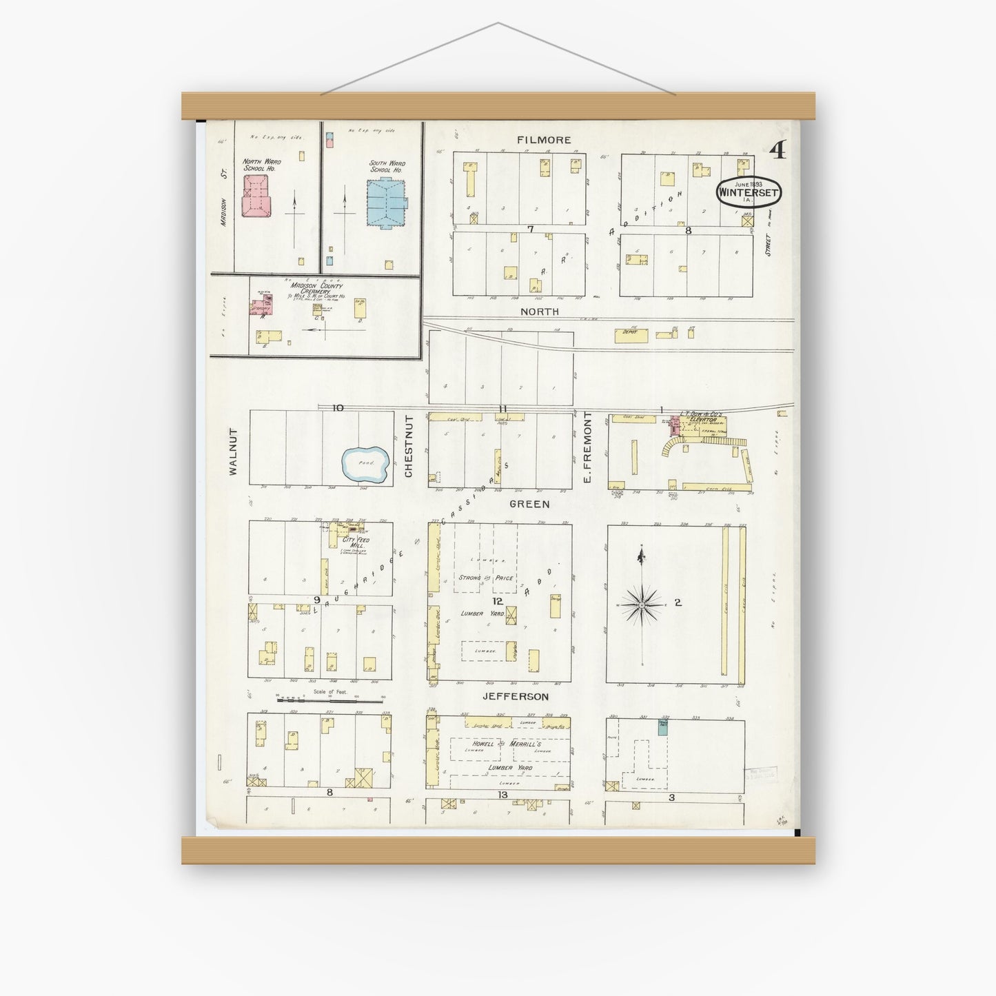 Old map wall art mockup — magnetic wood frame on white wall — Sanborn Fire Insurance Map from Winterset, Madison County, Iowa (1893), Sheet #0004