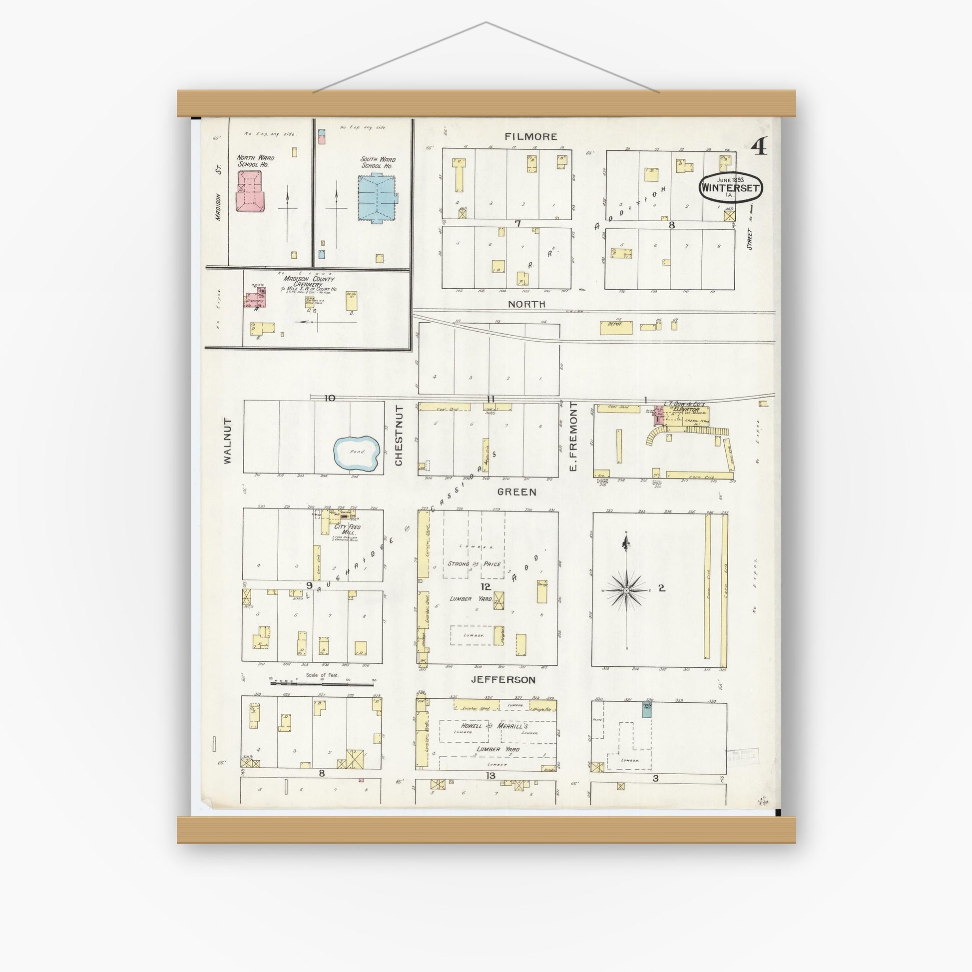 Old map wall art mockup — magnetic wood frame on white wall — Sanborn Fire Insurance Map from Winterset, Madison County, Iowa (1893), Sheet #0004