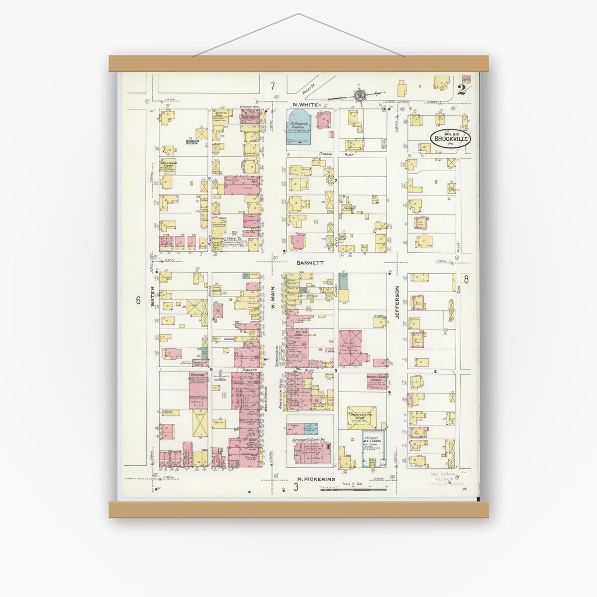Old map wall art mockup — magnetic wood frame on white wall — Sanborn Fire Insurance Map from Brookville, Jefferson County, Pennsylvania (1910), Sheet #0002