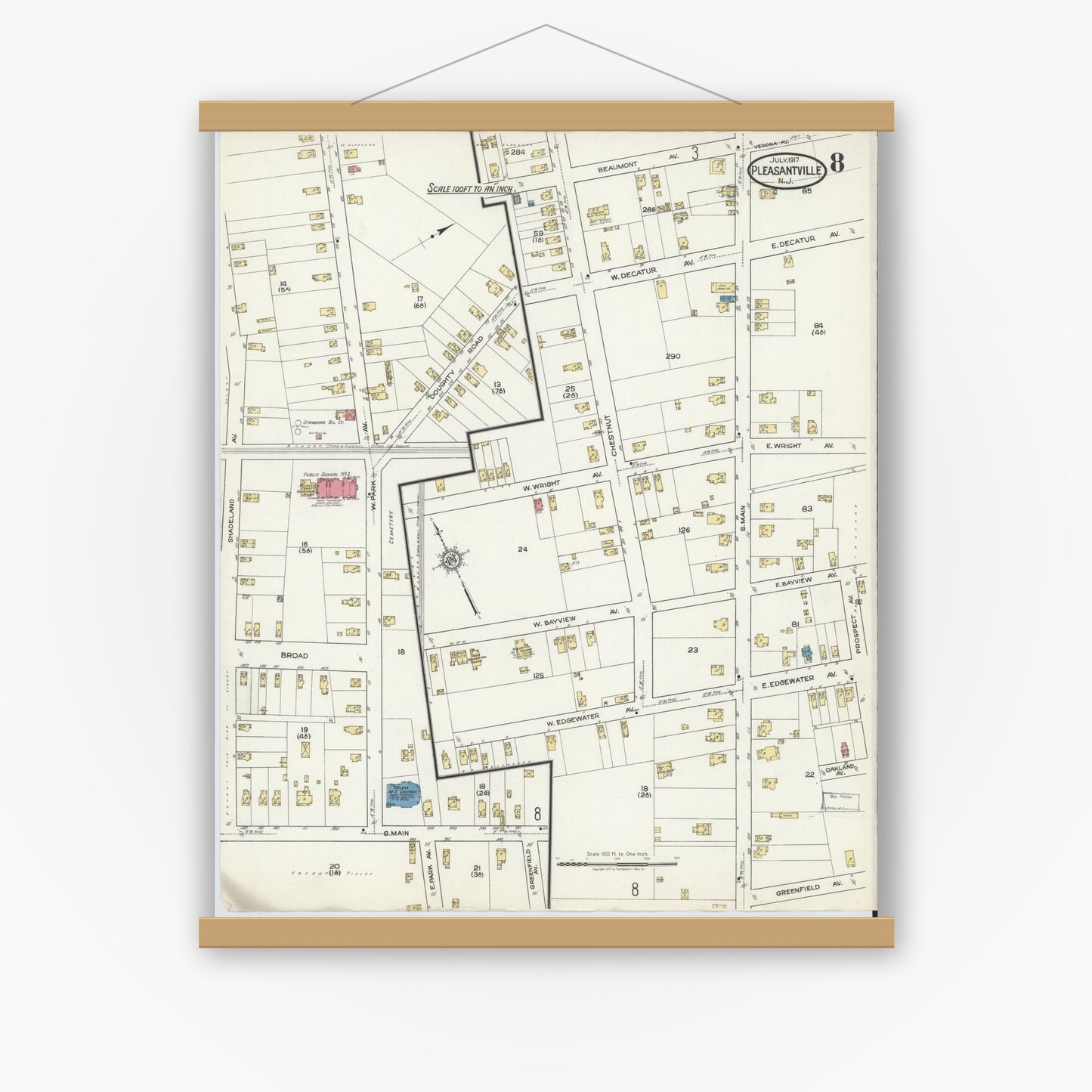 Old map wall art mockup — magnetic wood frame on white wall — Sanborn Fire Insurance Map from Pleasantville, Atlantic County, New Jersey (1917), Sheet #0008