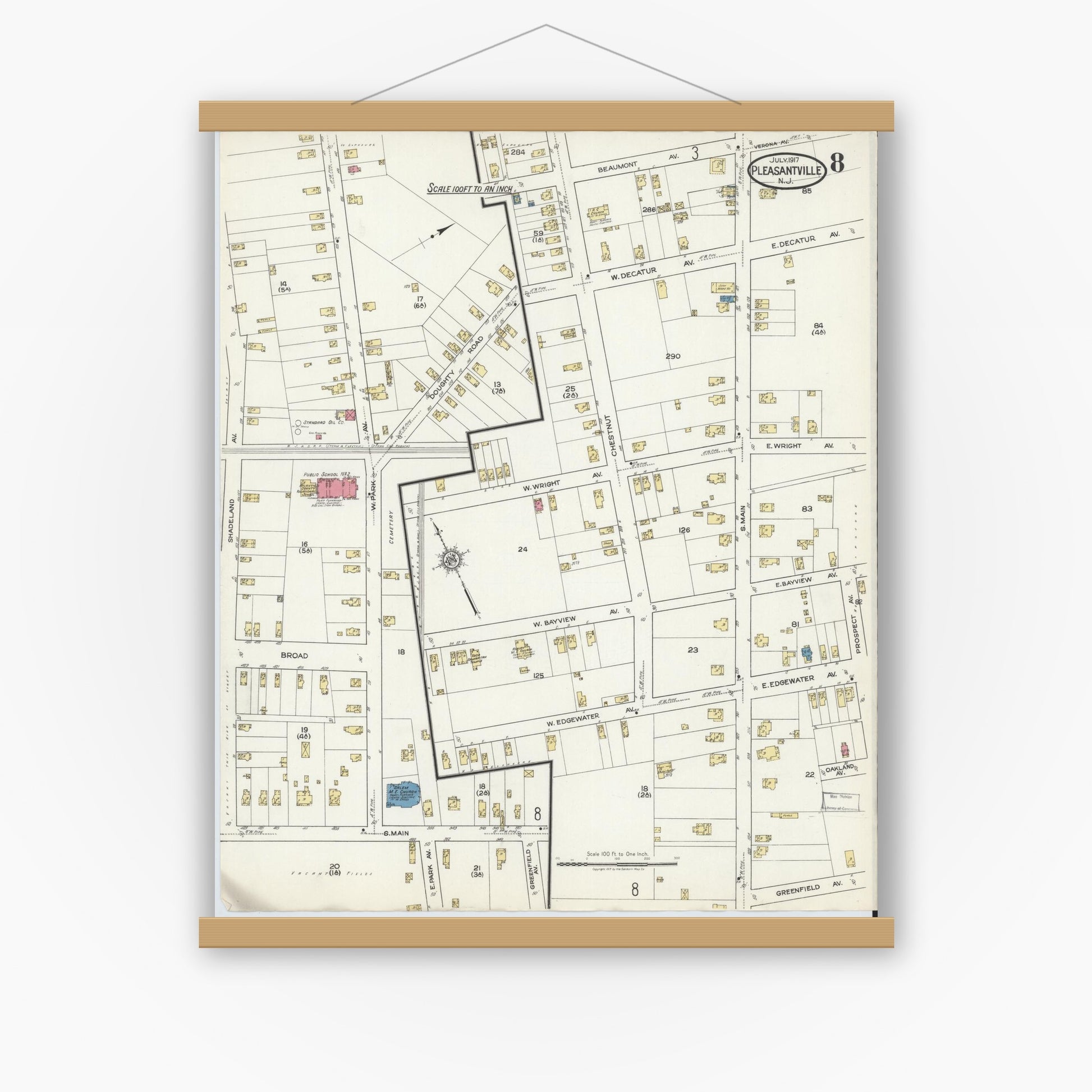 Old map wall art mockup — magnetic wood frame on white wall — Sanborn Fire Insurance Map from Pleasantville, Atlantic County, New Jersey (1917), Sheet #0008
