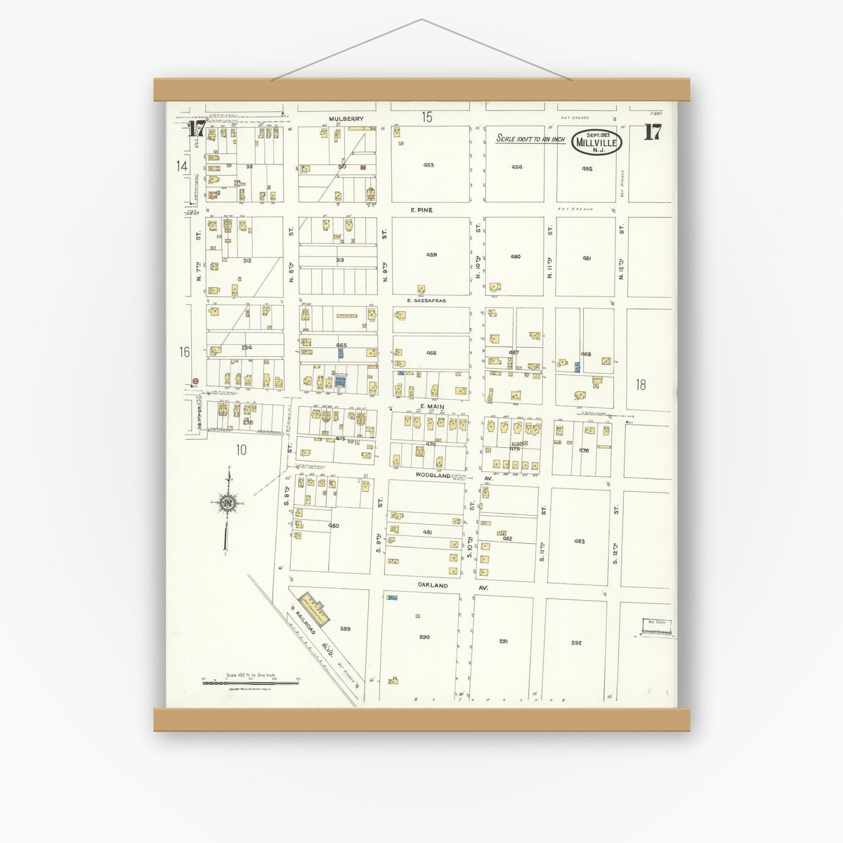 Old map wall art mockup — magnetic wood frame on white wall — Sanborn Fire Insurance Map from Millville, Cumberland County, New Jersey (1923), Sheet #0017