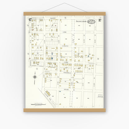 Old map wall art mockup — magnetic wood frame on white wall — Sanborn Fire Insurance Map from Millville, Cumberland County, New Jersey (1923), Sheet #0017