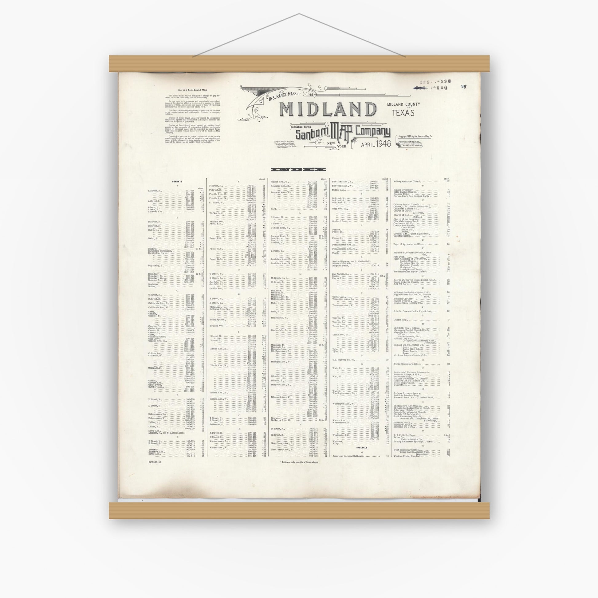 Old map wall art mockup — magnetic wood frame on white wall — Sanborn Fire Insurance Map from Midland, Midland County, Texas (1950), Sheet #0001